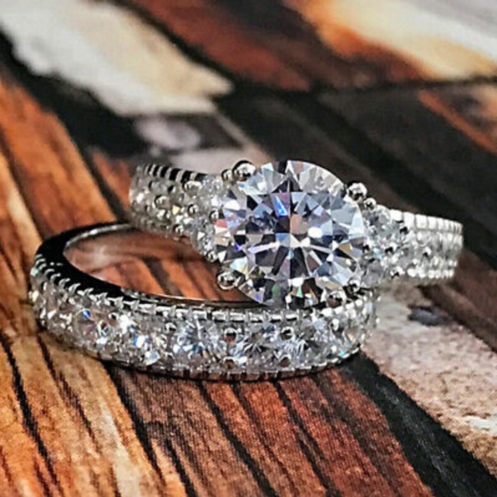 New 925 Silver Sapphire 2pcs/set Rings Size 6-10 - Picture 1 of 4